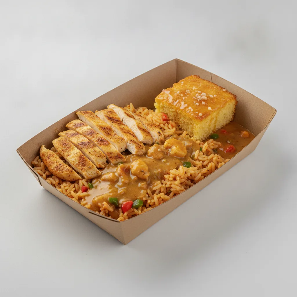Bayou Boy Bowl Box - Cajun Rice, Grilled Chicken, Etouffee, and Honey Butter Corn Bread