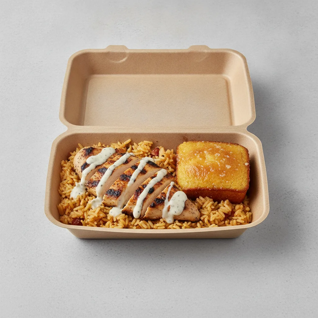 Bayou Boy Bowl Box - Cajun Rice, Grilled Chicken, Cajun Ranch, and Honey Butter Corn Bread