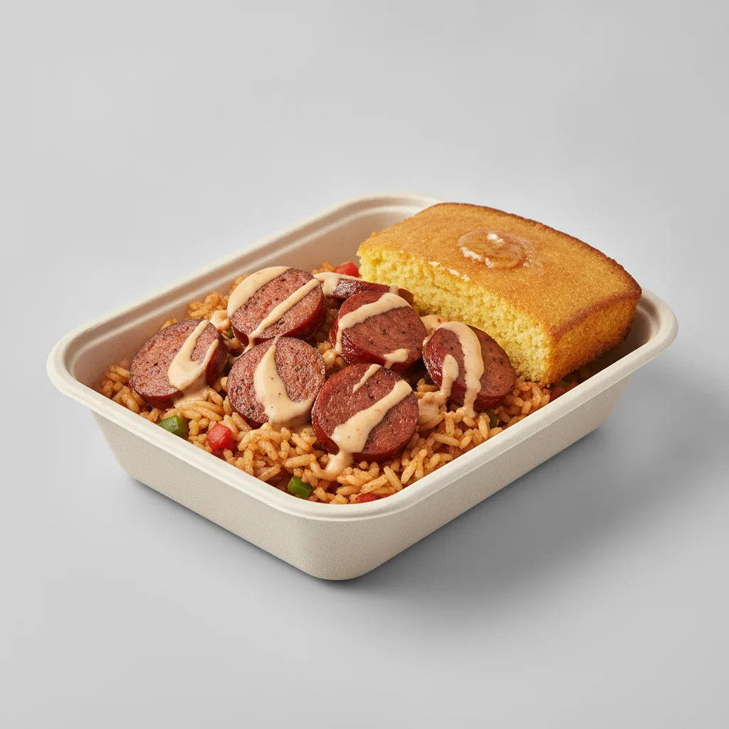 Bayou Boy Bowl Box - Cajun Rice, Andouille Sausage, Cajun Ranch, and Honey Butter Corn Bread