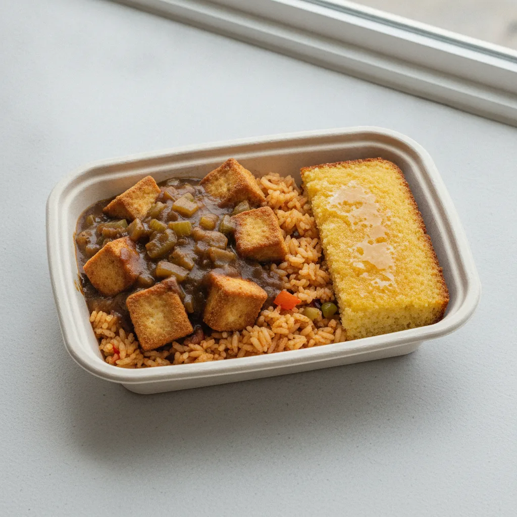 Bayou Boy Bowl Box - Cajun Rice, Fried Tofu, Etouffee, and Honey Butter Corn Bread