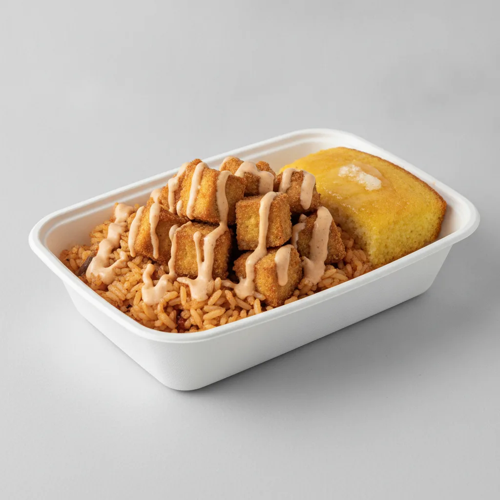 Bayou Boy Bowl Box - Cajun Rice, Fried Tofu, Cajun Ranch, and Honey Butter Corn Bread
