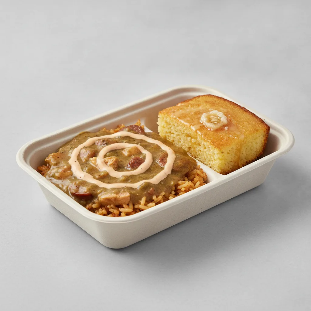 Bayou Boy Bowl Box - Cajun Rice, Green Chili Gumbo, Cajun Ranch, and Honey Butter Corn Bread