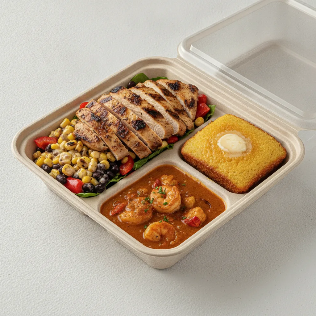 Bayou Boy Bowl Box - Grilled Corn Salad, Grilled Chicken, Etouffee, and Honey Butter Corn Bread