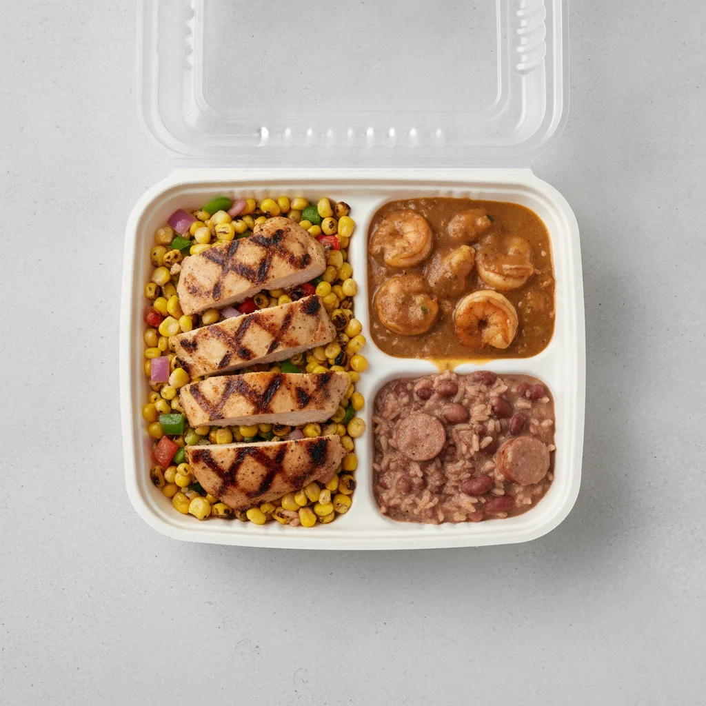 Bayou Boy Bowl Box - Grilled Corn Salad, Grilled Chicken, Etouffee, and Red Beans
