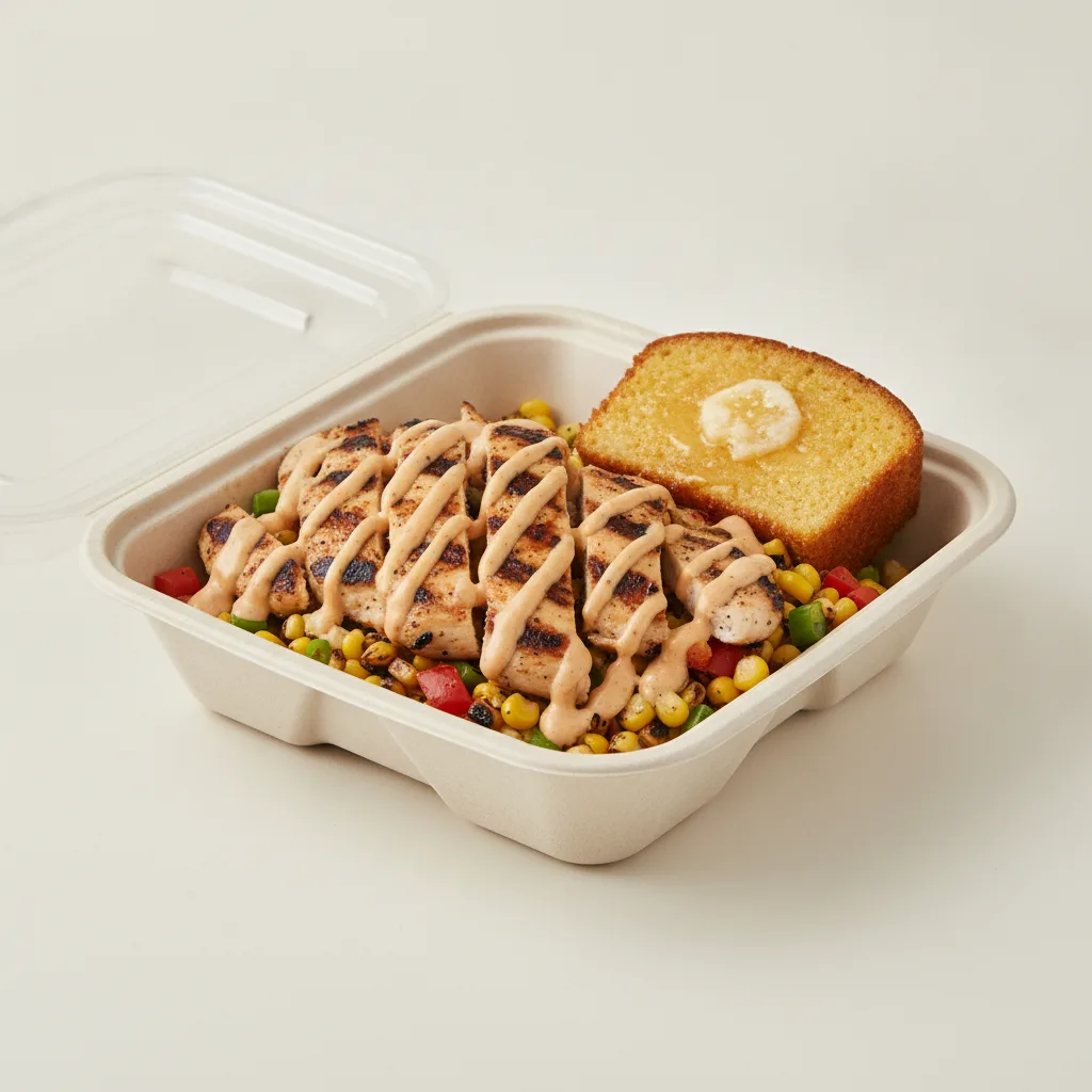 Bayou Boy Bowl Box - Grilled Corn Salad, Grilled Chicken, Cajun Ranch, and Honey Butter Corn Bread