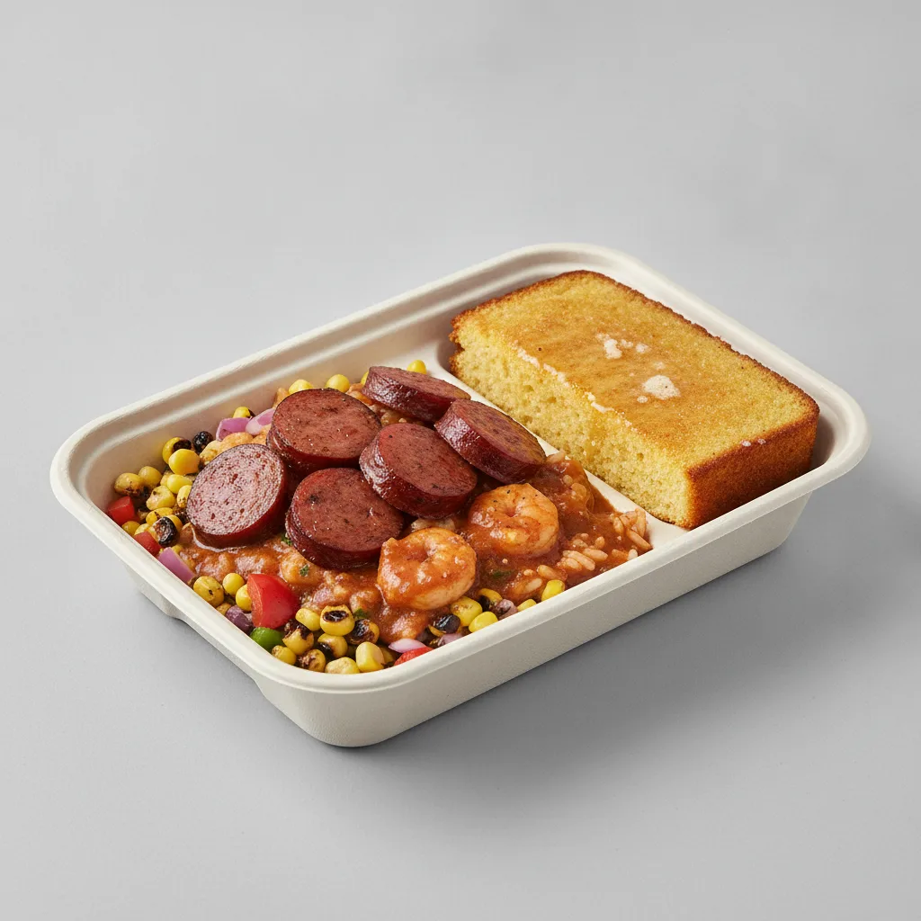 Bayou Boy Bowl Box - Grilled Corn Salad, Andouille Sausage, Etouffee, and Honey Butter Corn Bread
