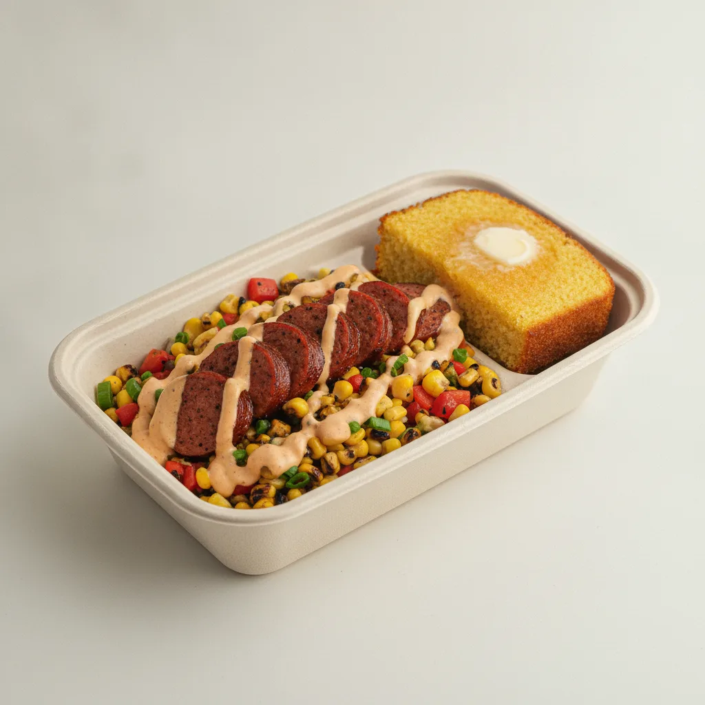 Bayou Boy Bowl Box - Grilled Corn Salad, Andouille Sausage, Cajun Ranch, and Honey Butter Corn Bread