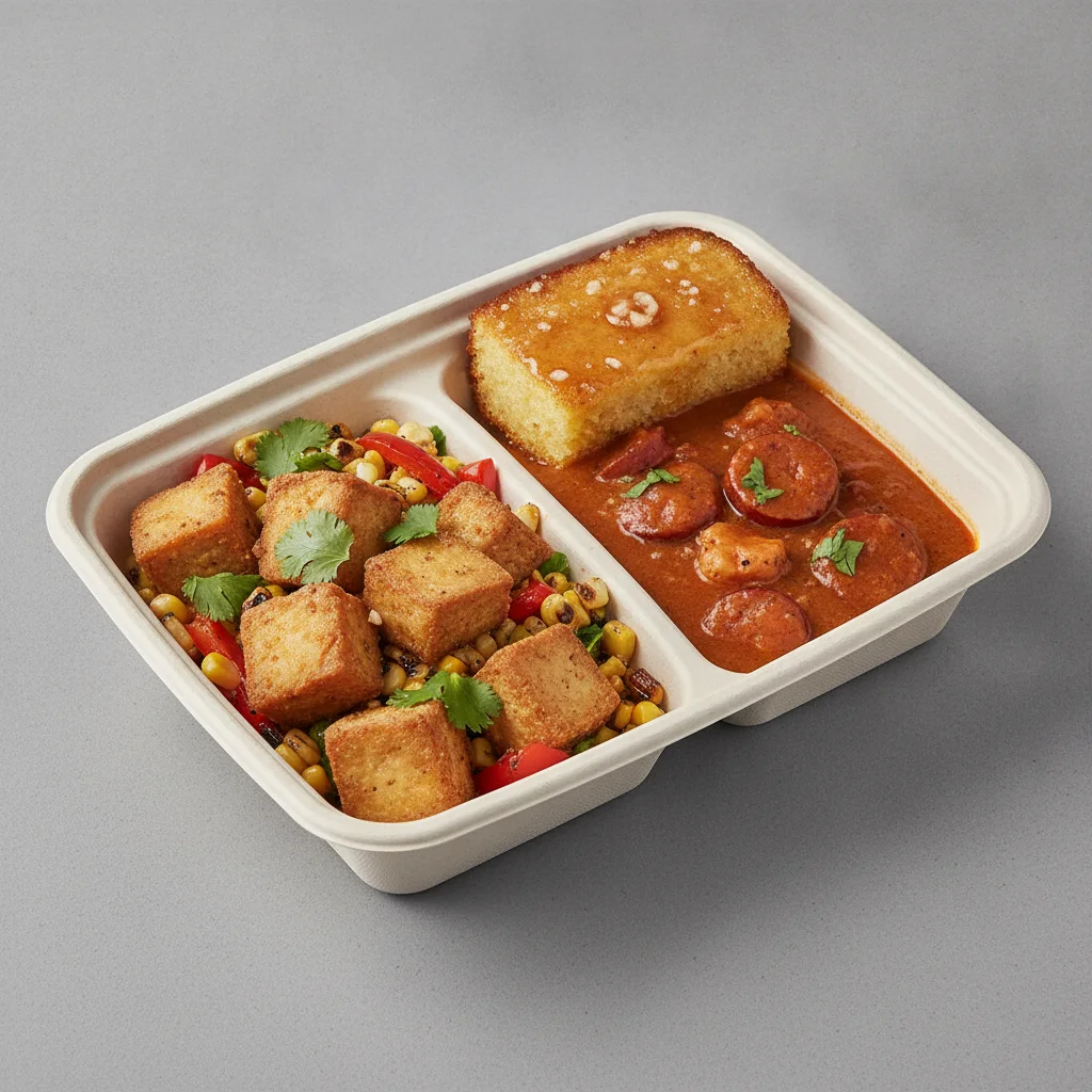 Bayou Boy Bowl Box - Grilled Corn Salad, Fried Tofu, Etouffee, and Honey Butter Corn Bread