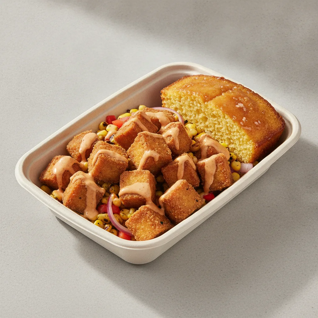 Bayou Boy Bowl Box - Grilled Corn Salad, Fried Tofu, Cajun Ranch, and Honey Butter Corn Bread