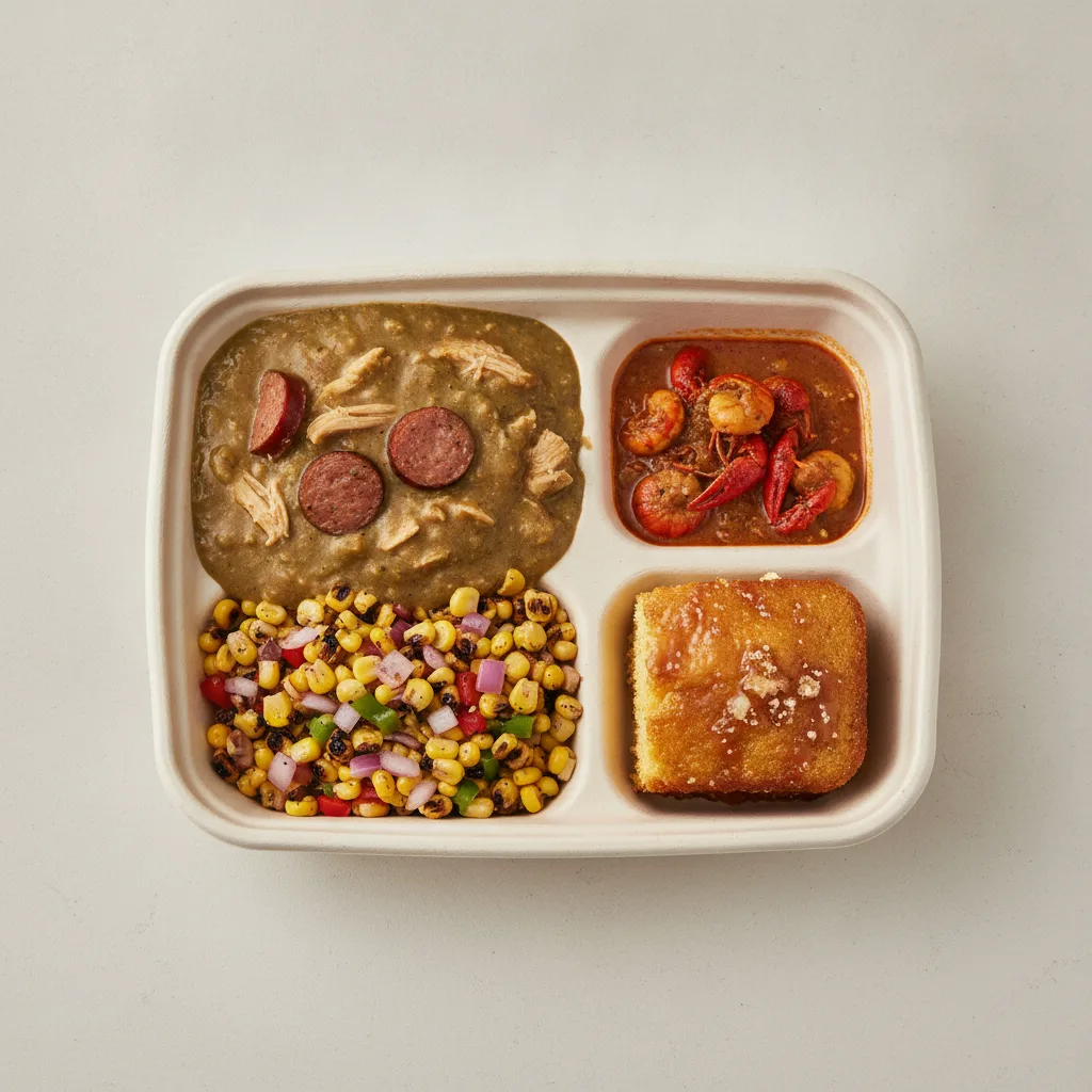 Bayou Boy Bowl Box - Grilled Corn Salad, Green Chili Gumbo, Etouffee, and Honey Butter Corn Bread