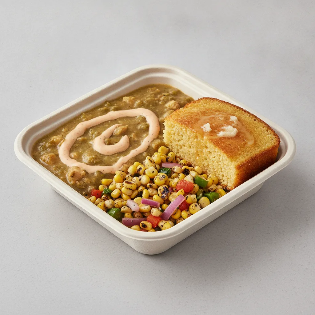 Bayou Boy Bowl Box - Grilled Corn Salad, Green Chili Gumbo, Cajun Ranch, and Honey Butter Corn Bread