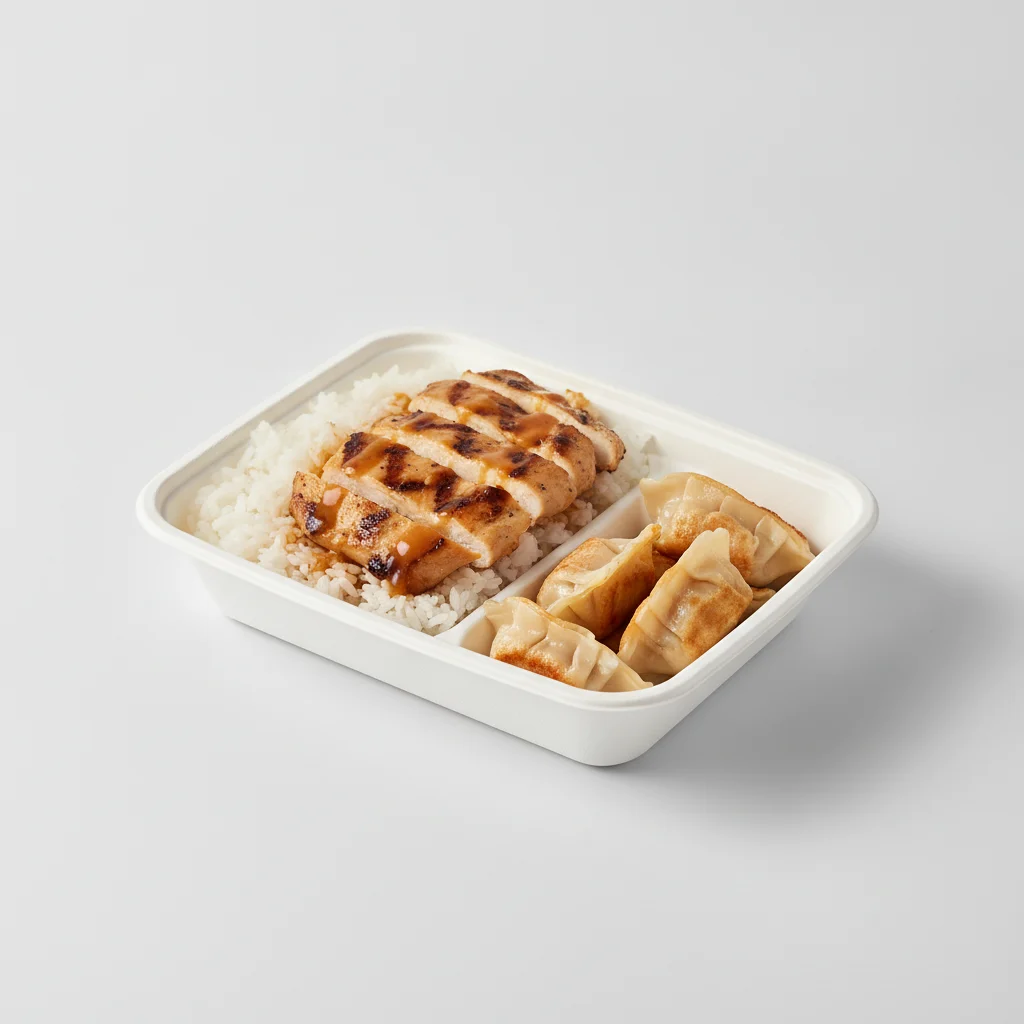 Trash Panda Bowl Box - White Rice, Grilled Chicken, Orange Sauce and Mini Chicken Dumplings