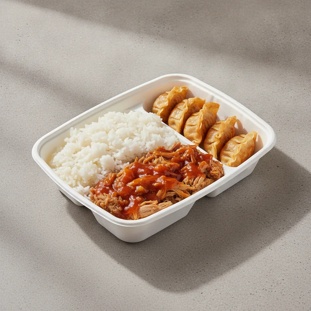 Trash Panda Bowl Box - White Rice, Pulled Pork, Sweet and Sour and Mini Chicken Dumplings