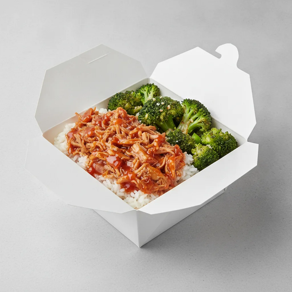 Trash Panda Bowl Box - White Rice, Pulled Pork, Sweet and Sour and Garlic Broccoli