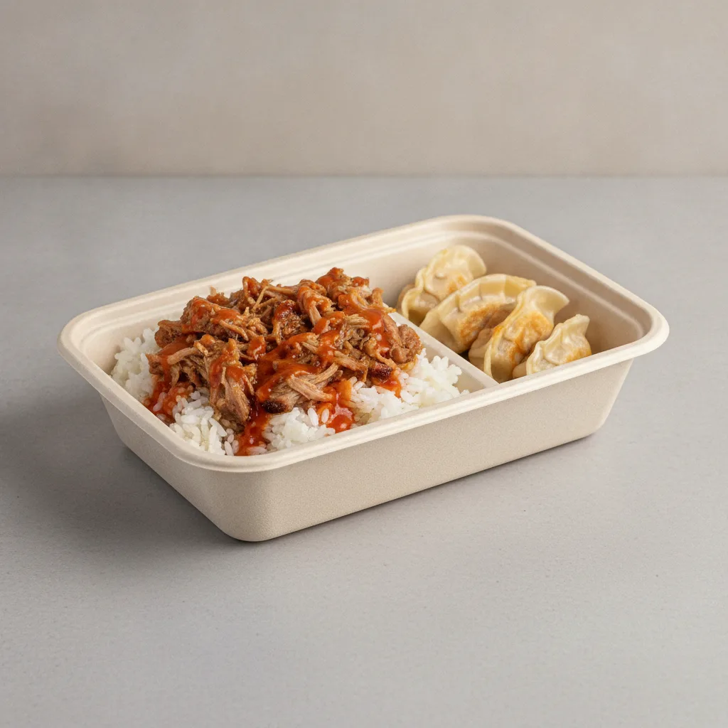 Trash Panda Bowl Box - White Rice, Pulled Pork, Orange Sauce and Mini Chicken Dumplings
