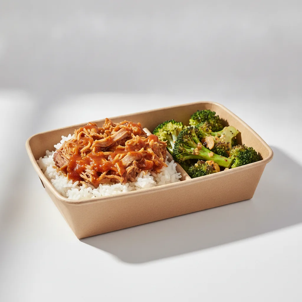 Trash Panda Bowl Box - White Rice, Pulled Pork, Orange Sauce and Garlic Broccoli