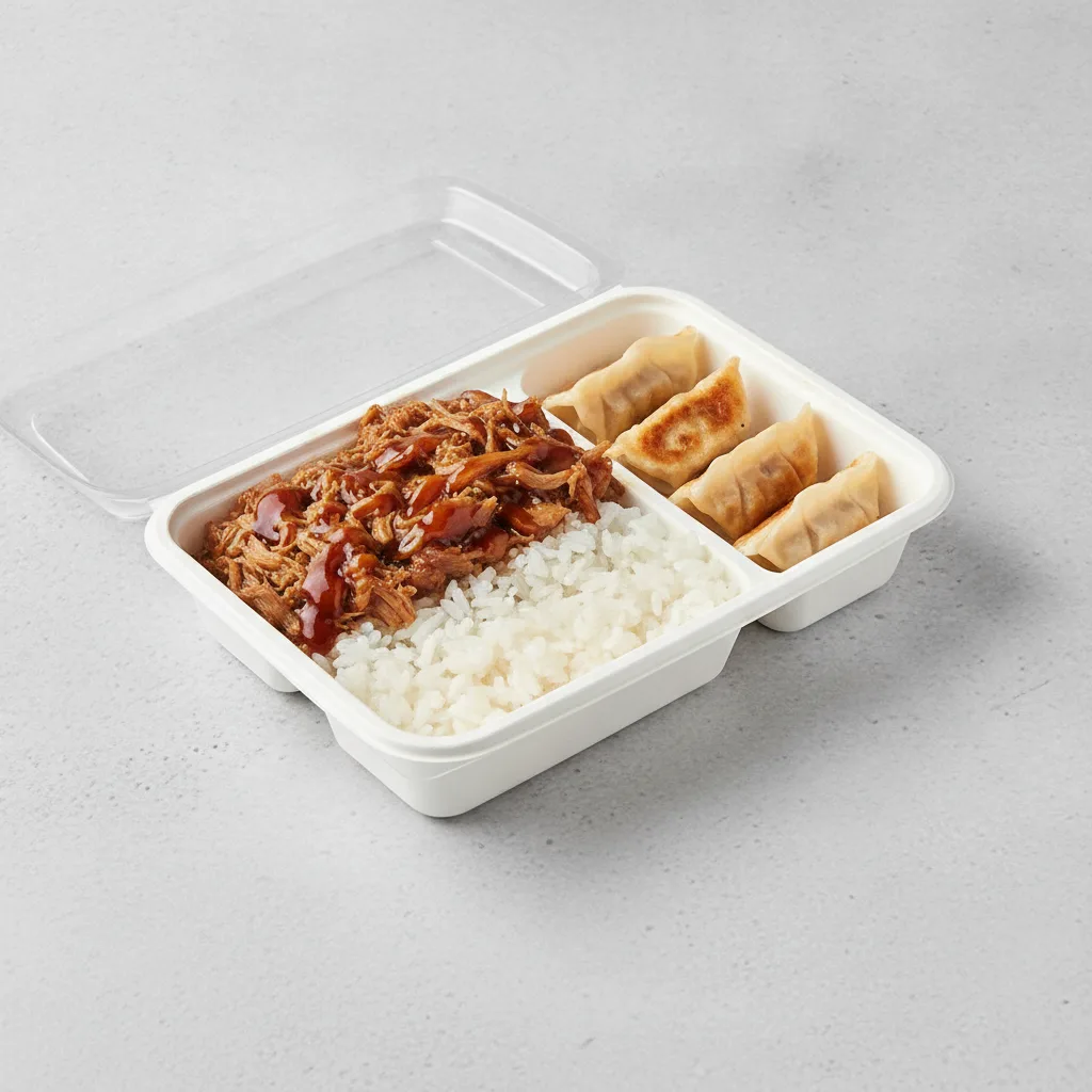 Trash Panda Bowl Box - White Rice, Pulled Pork, Teriyaki and Mini Chicken Dumplings