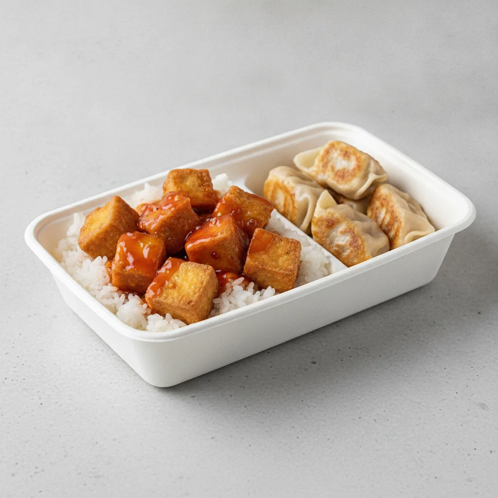 Trash Panda Bowl Box - White Rice, Fried Tofu, Sweet and Sour and Mini Chicken Dumplings