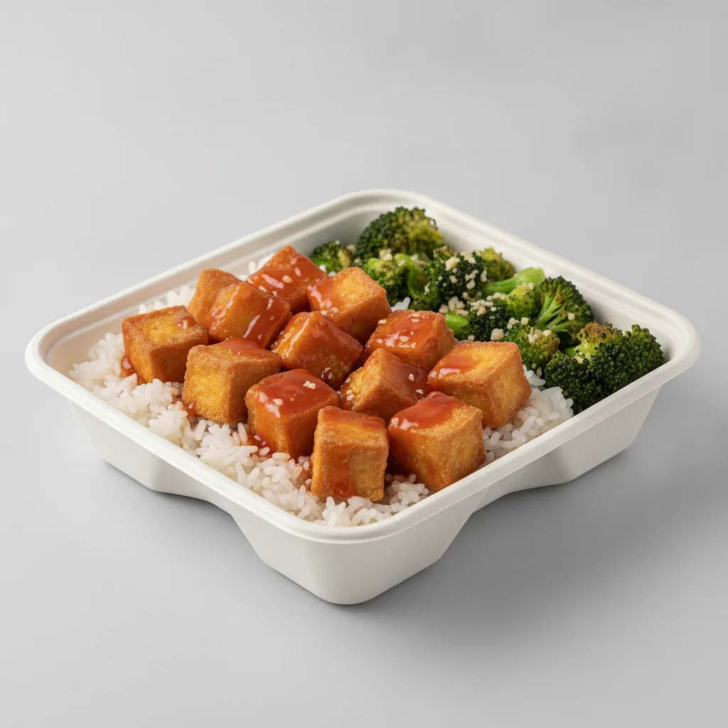 Trash Panda Bowl Box - White Rice, Fried Tofu, Sweet and Sour and Garlic Broccoli
