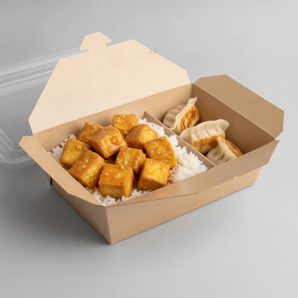 Trash Panda Bowl Box - White Rice, Fried Tofu, Orange Sauce and Mini Chicken Dumplings