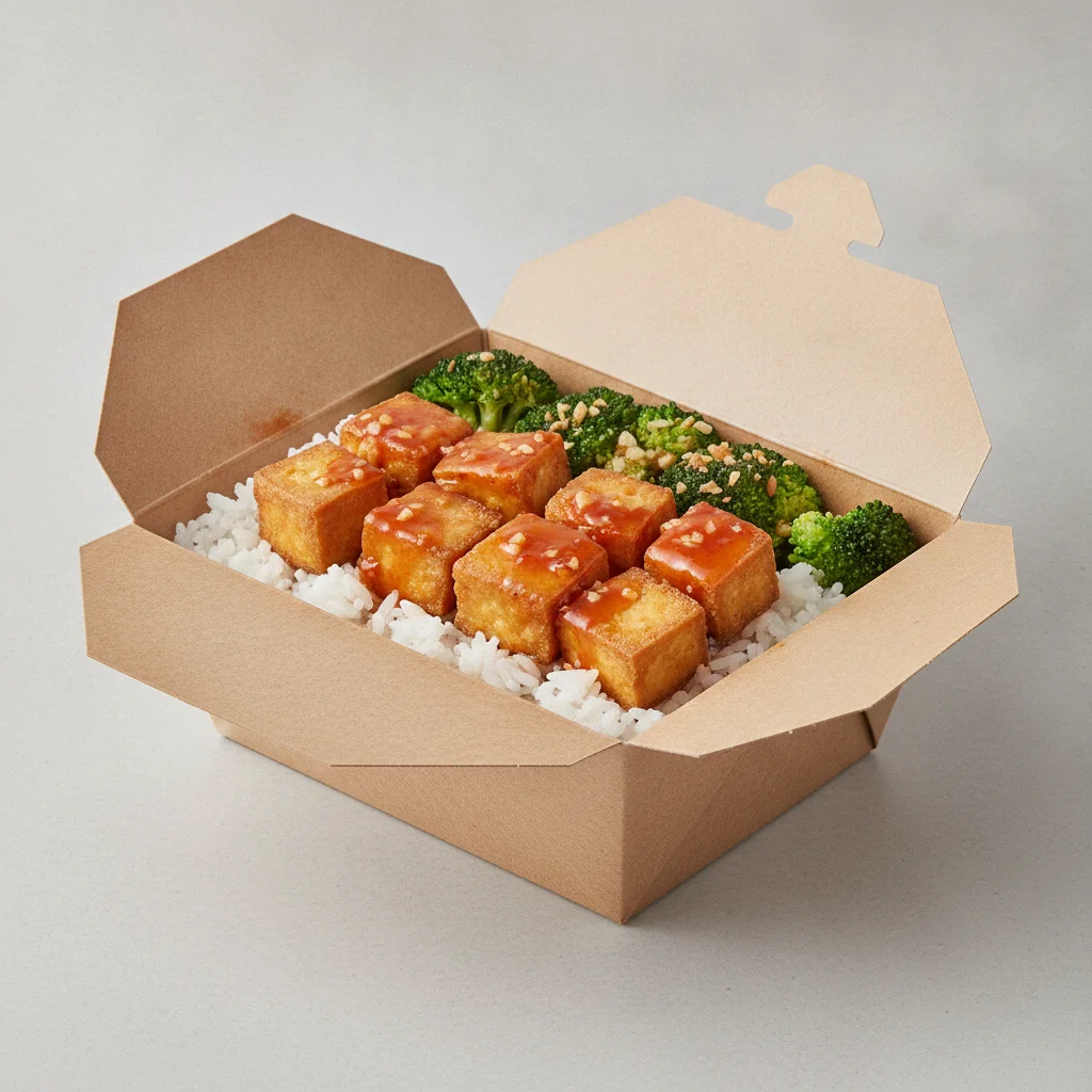 Trash Panda Bowl Box - White Rice, Fried Tofu, Orange Sauce and Garlic Broccoli