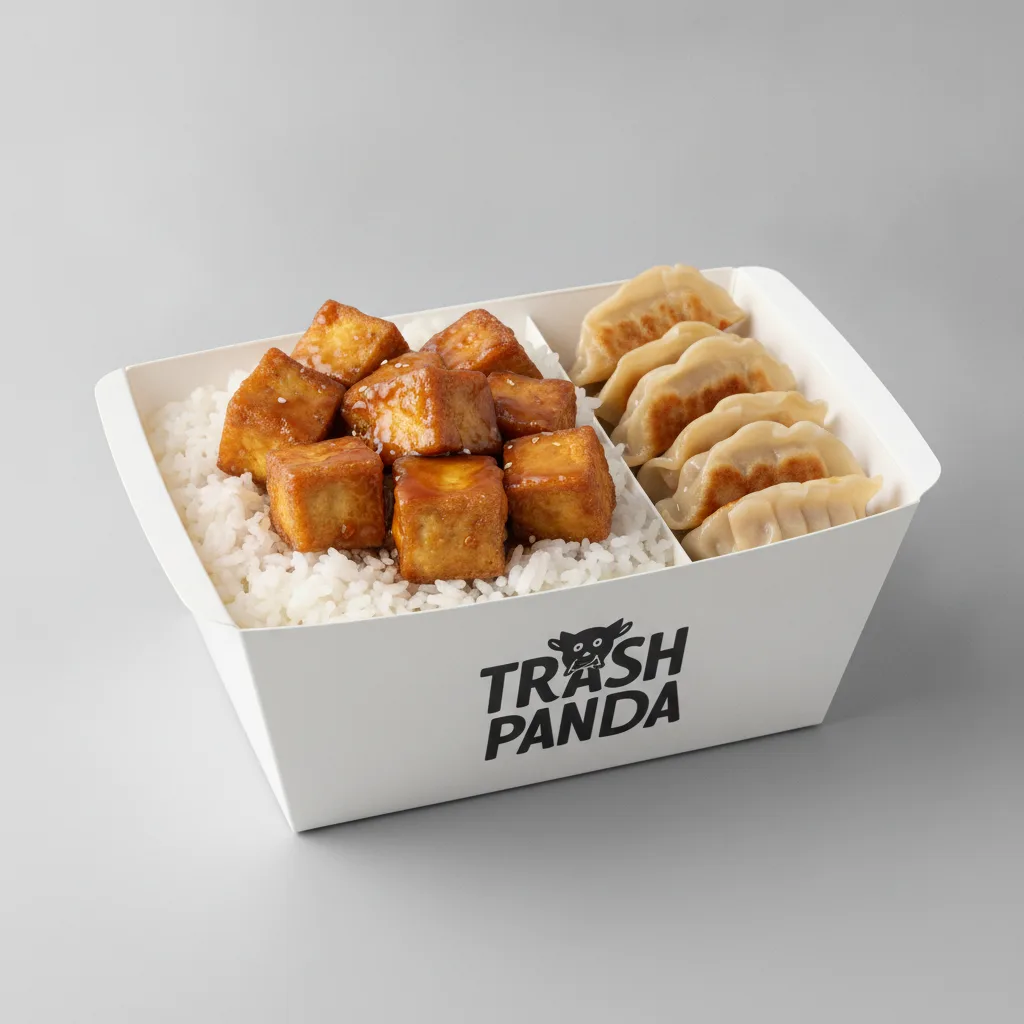 Trash Panda Bowl Box - White Rice, Fried Tofu, Teriyaki and Mini Chicken Dumplings