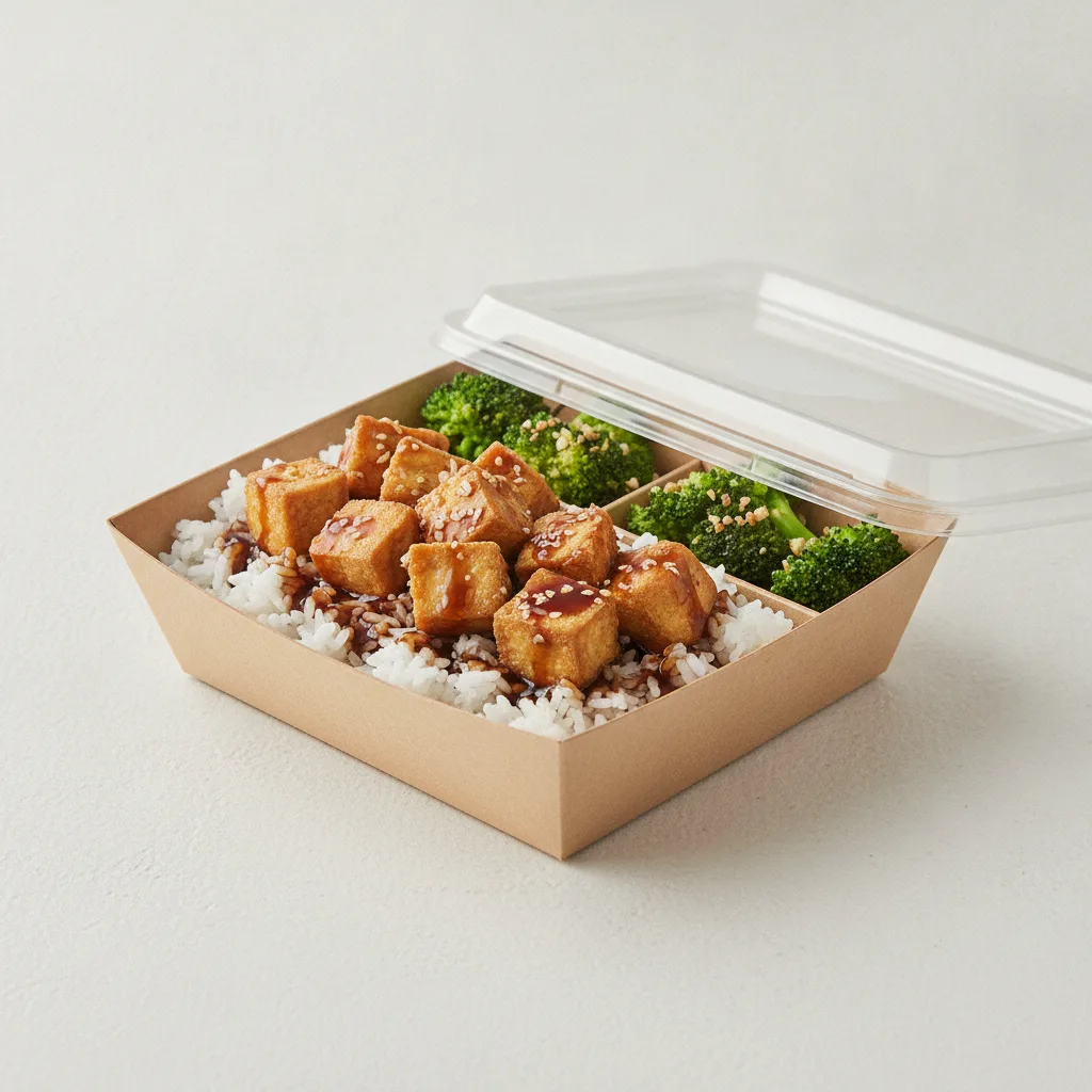 Trash Panda Bowl Box - White Rice, Fried Tofu, Teriyaki and Garlic Broccoli