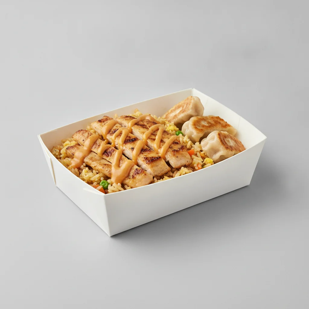 Trash Panda Bowl Box - Fried Rice, Grilled Chicken, Orange Sauce and Mini Chicken Dumplings