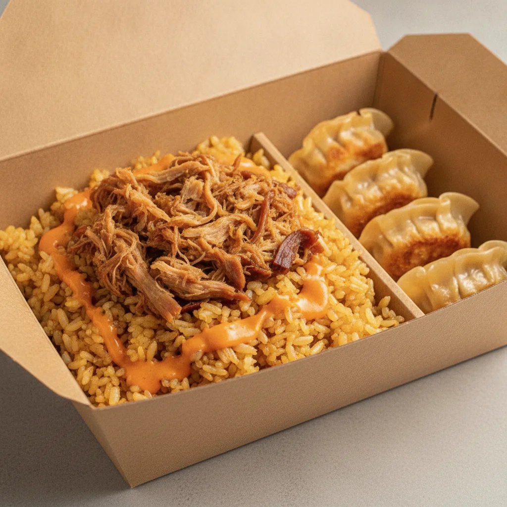 Trash Panda Bowl Box - Fried Rice, Pulled Pork, Orange Sauce and Mini Chicken Dumplings
