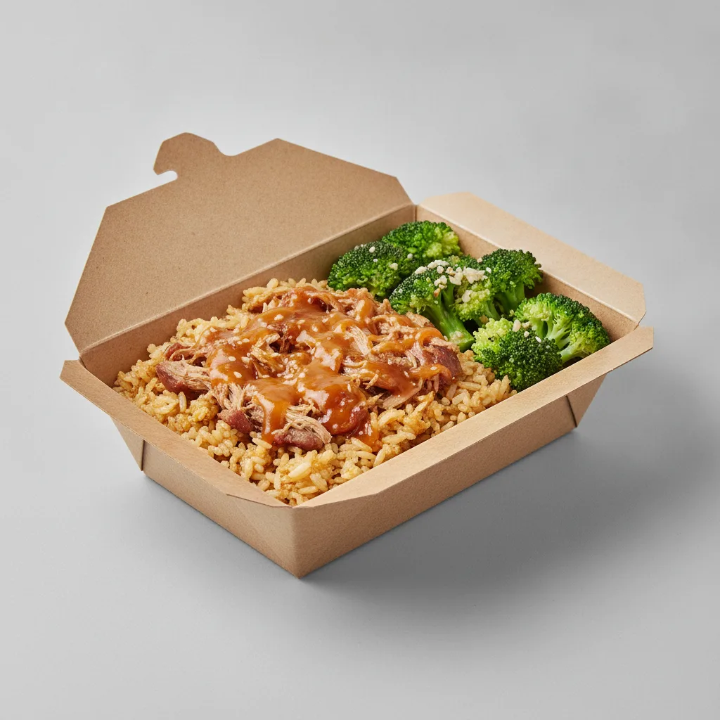Trash Panda Bowl Box - Fried Rice, Pulled Pork, Orange Sauce and Garlic Broccoli