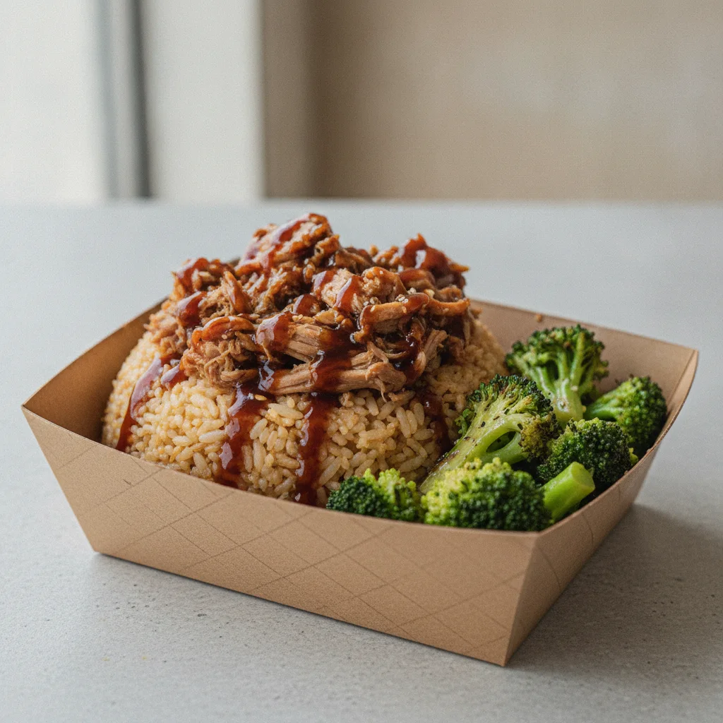 Trash Panda Bowl Box - Fried Rice, Pulled Pork, Teriyaki and Garlic Broccoli