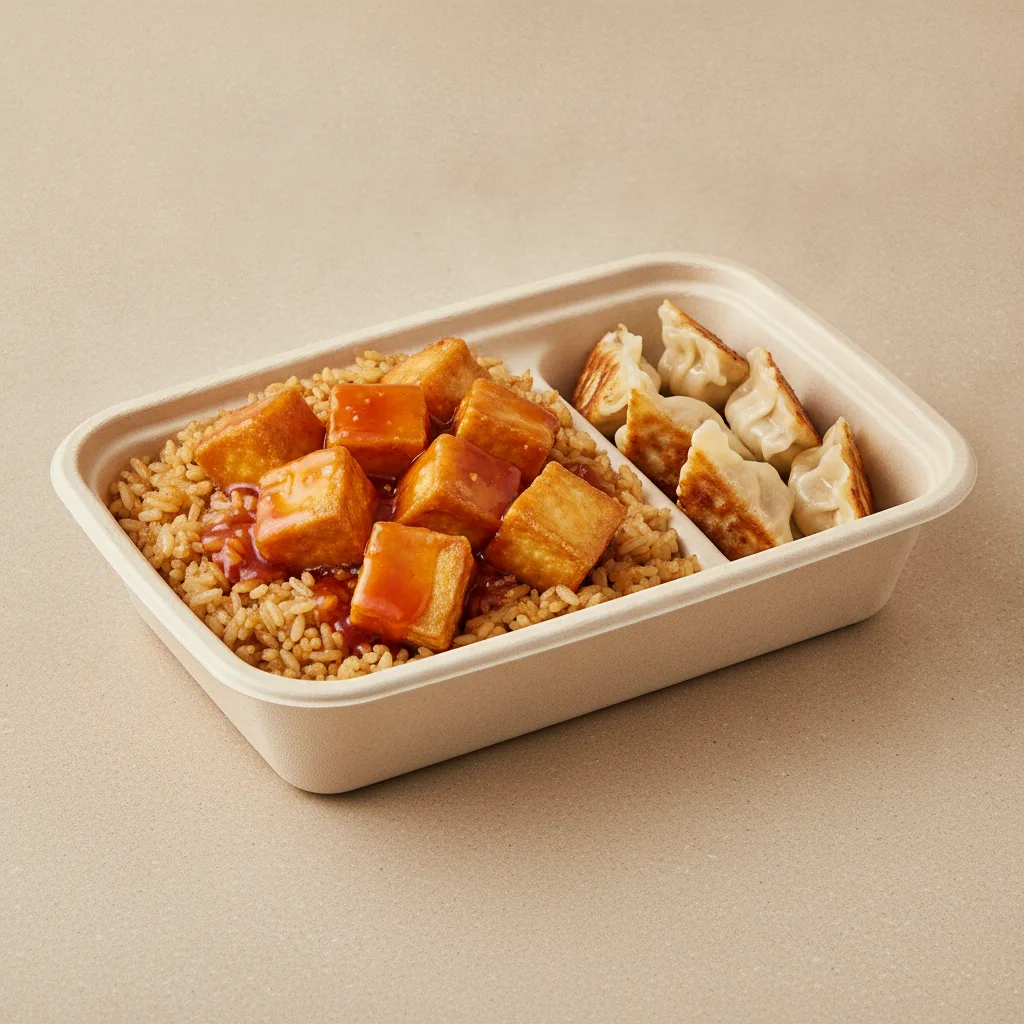 Trash Panda Bowl Box - Fried Rice, Fried Tofu, Sweet and Sour and Mini Chicken Dumplings