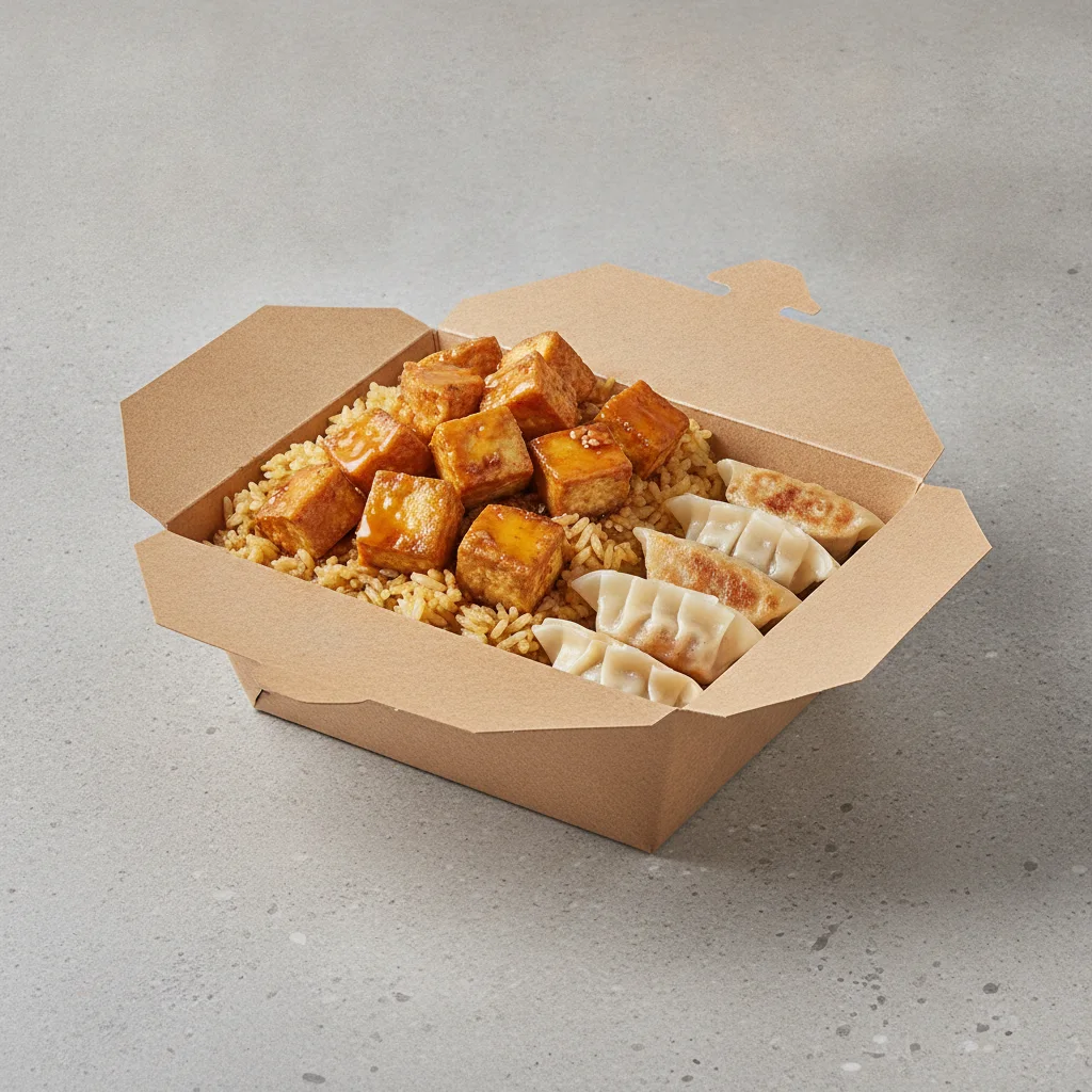 Trash Panda Bowl Box - Fried Rice, Fried Tofu, Orange Sauce and Mini Chicken Dumplings