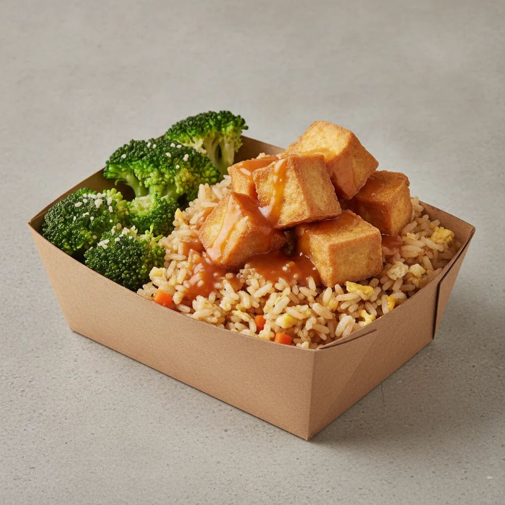 Trash Panda Bowl Box - Fried Rice, Fried Tofu, Orange Sauce and Garlic Broccoli