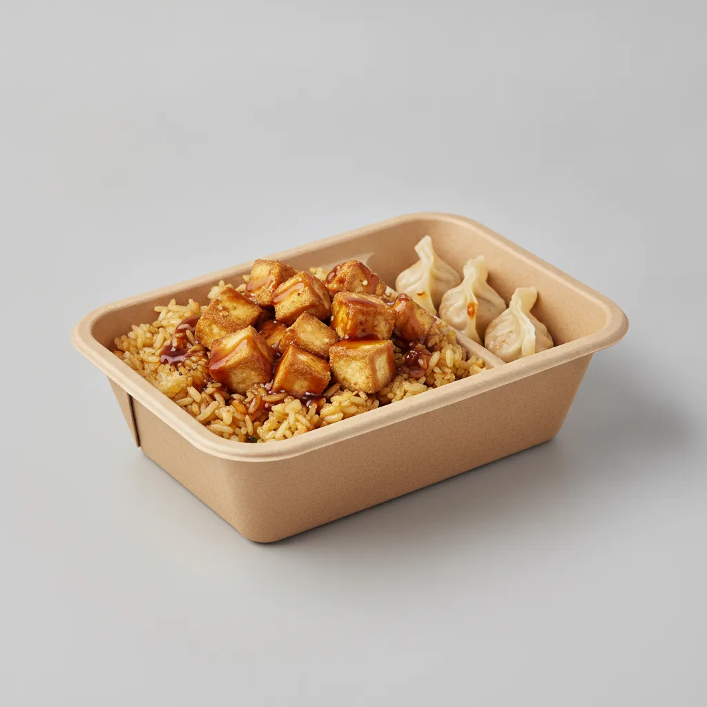 Trash Panda Bowl Box - Fried Rice, Fried Tofu, Teriyaki and Mini Chicken Dumplings