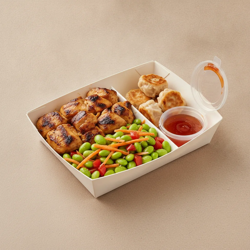 Trash Panda Bowl Box - Edamame Salad, Grilled Chicken, Sweet and Sour and Mini Chicken Dumplings