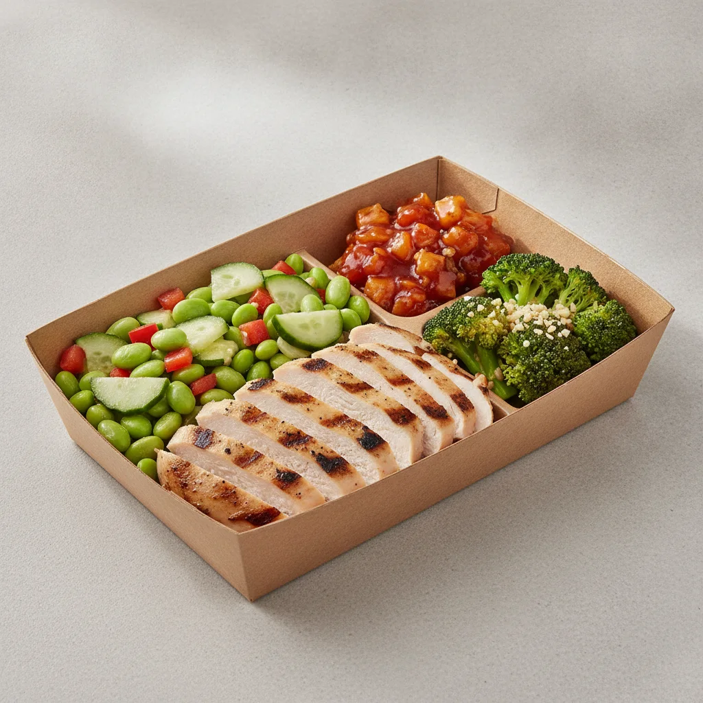 Trash Panda Bowl Box - Edamame Salad, Grilled Chicken, Sweet and Sour and Garlic Broccoli