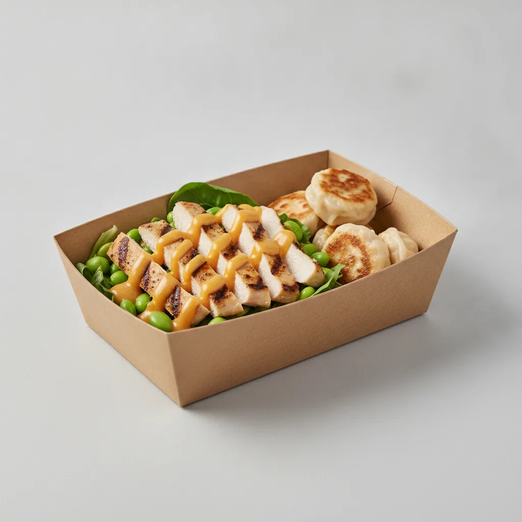 Trash Panda Bowl Box - Edamame Salad, Grilled Chicken, Orange Sauce and Mini Chicken Dumplings