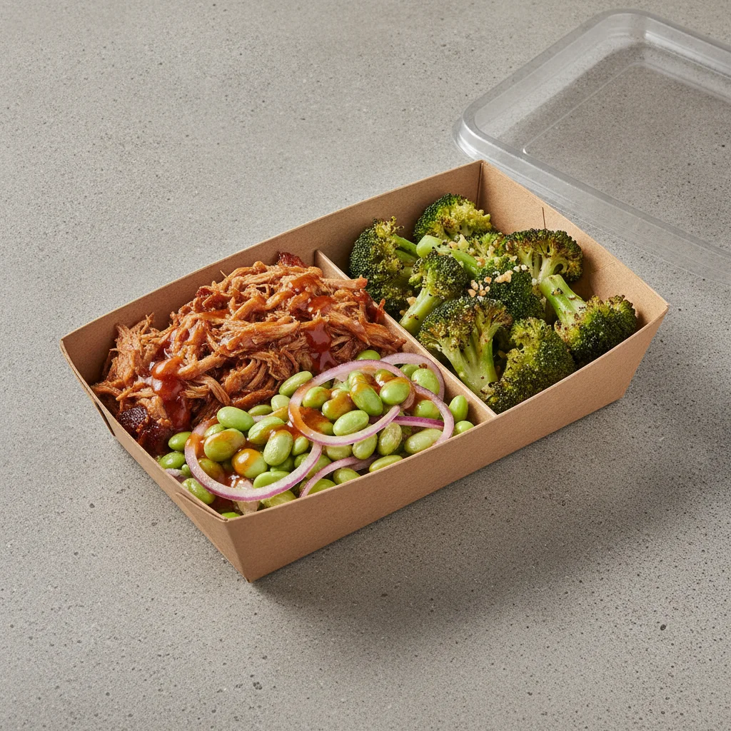 Trash Panda Bowl Box - Edamame Salad, Pulled Pork, Sweet and Sour and Garlic Broccoli