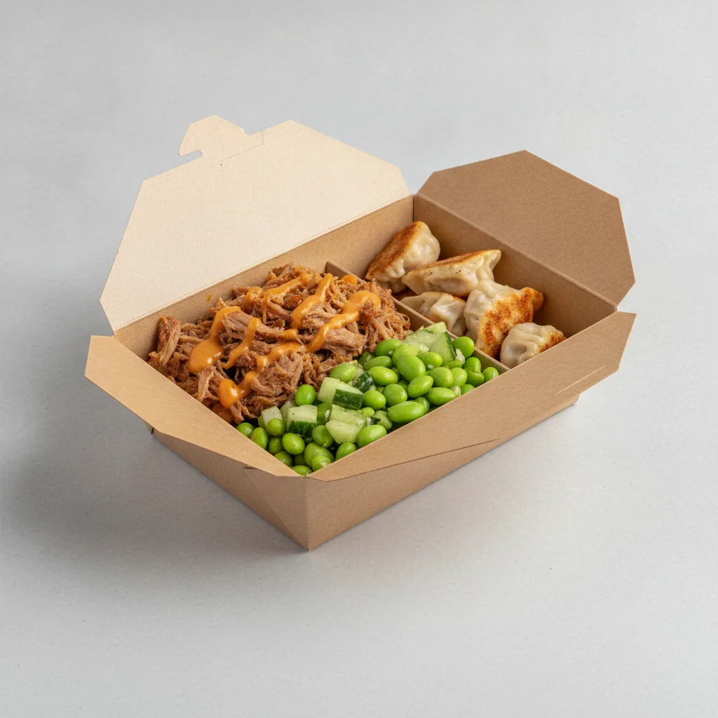Trash Panda Bowl Box - Edamame Salad, Pulled Pork, Orange Sauce and Mini Chicken Dumplings