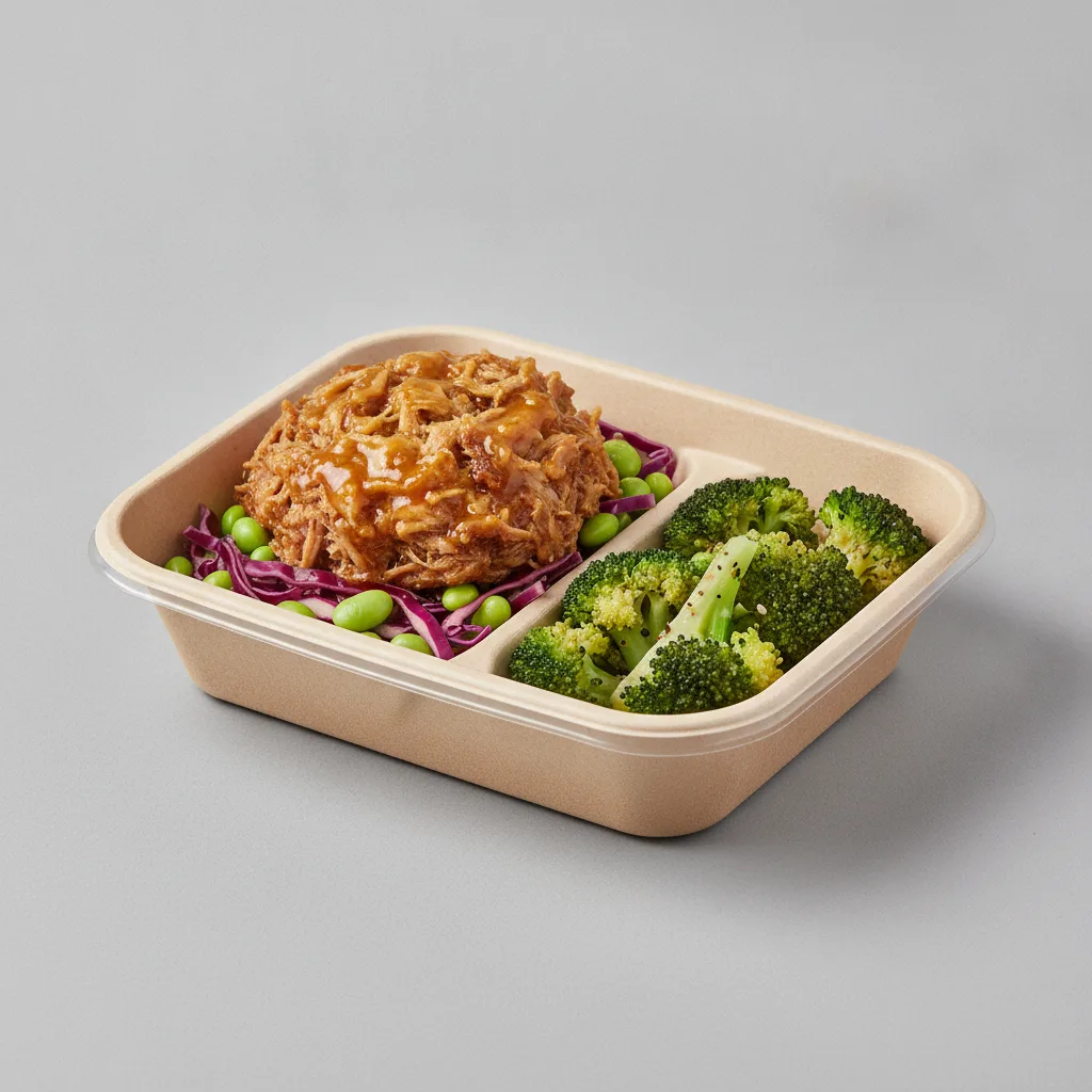 Trash Panda Bowl Box - Edamame Salad, Pulled Pork, Orange Sauce and Garlic Broccoli