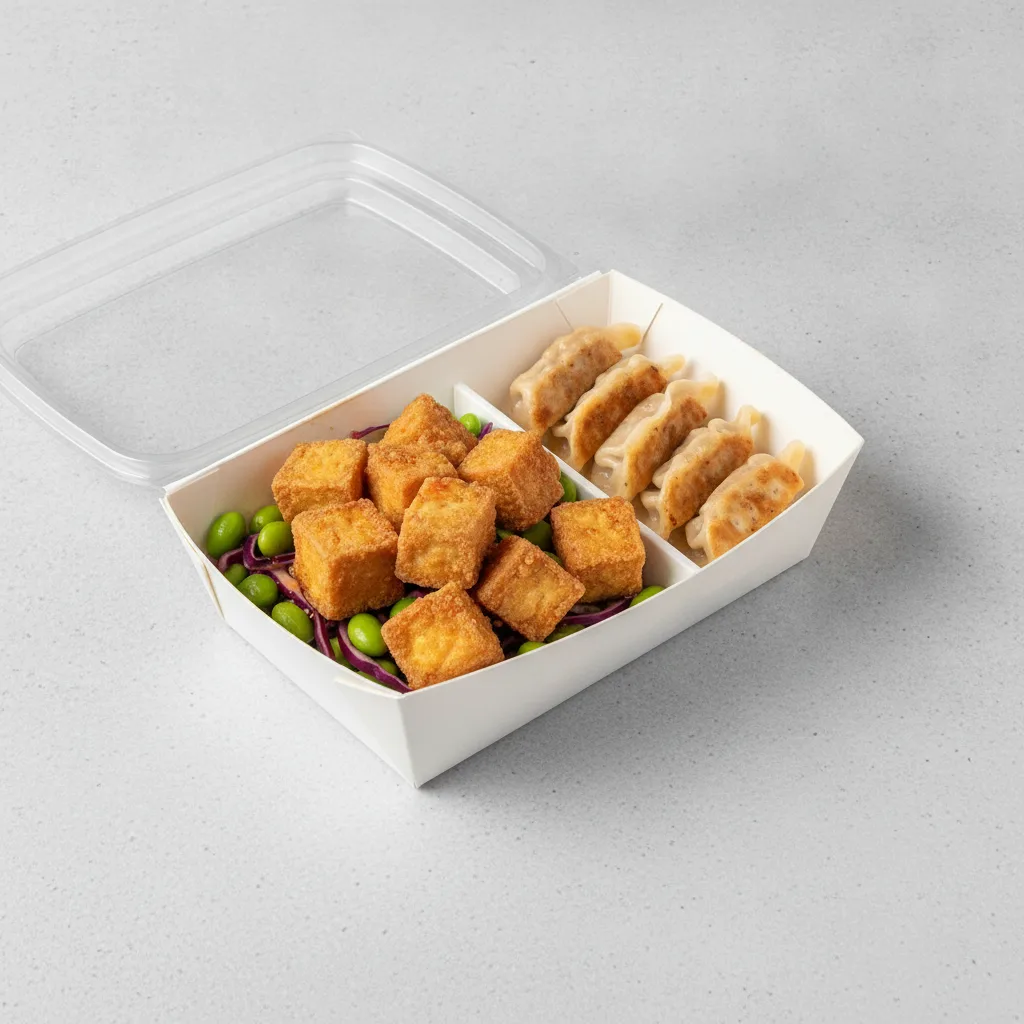 Trash Panda Bowl Box - Edamame Salad, Fried Tofu, Orange Sauce and Mini Chicken Dumplings