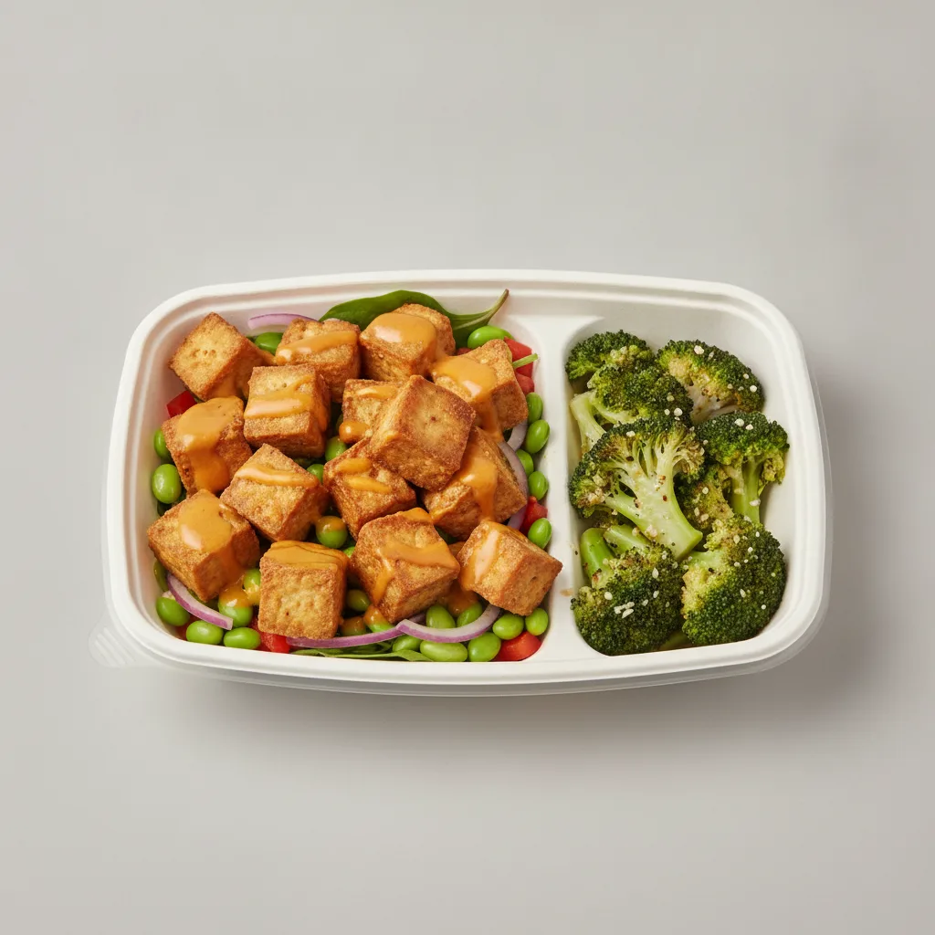 Trash Panda Bowl Box - Edamame Salad, Fried Tofu, Orange Sauce and Garlic Broccoli