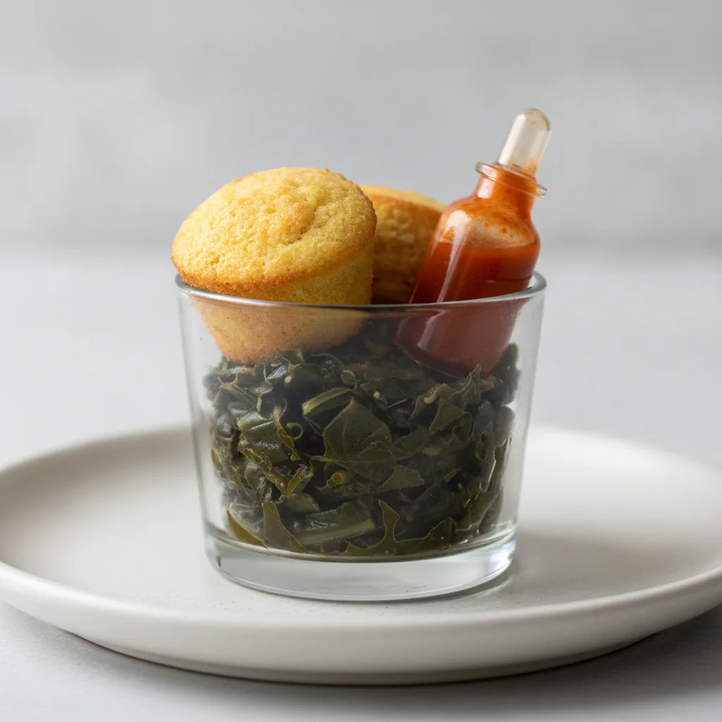Collard Greens with Mini Cornbread and Hot Sauce Dropper (Cup) Collard Greens with Mini Cornbread and Hot Sauce Dropper (Cup)