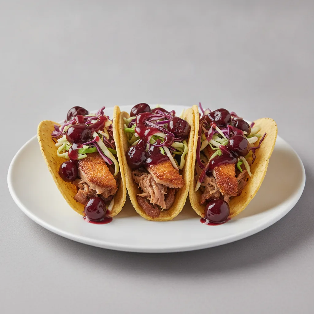Duck Confit Tacos with Cabbage Slaw and Cherry Gastrique Duck Confit Tacos with Cabbage Slaw and Cherry Gastrique