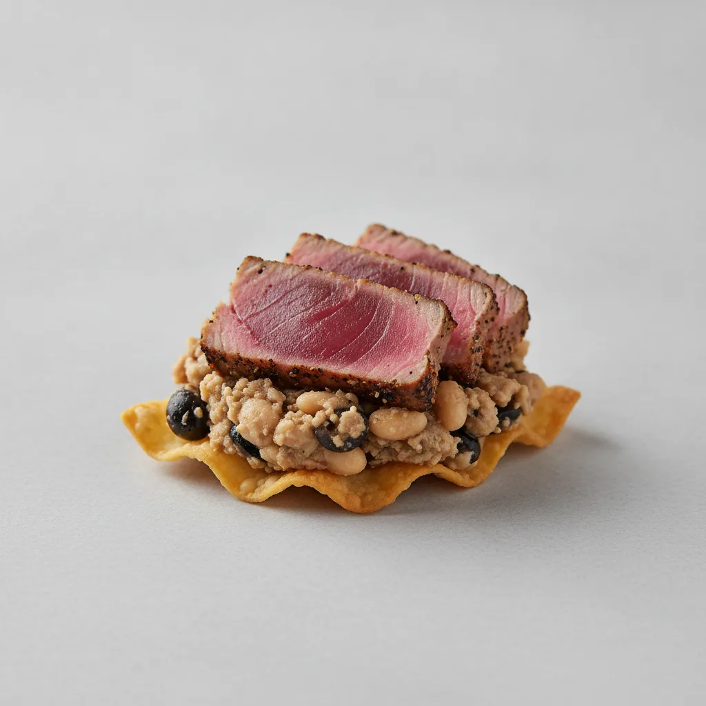 Seared Ahi Tuna with White Bean and Olive Tapenade On Wonton Crisp Seared Ahi Tuna with White Bean and Olive Tapenade On Wonton Crisp
