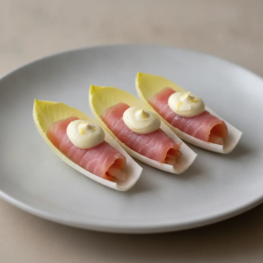 Smoked Sturgeon On Endive with Lemony Crème Fraiche Smoked Sturgeon On Endive with Lemony Crème Fraiche