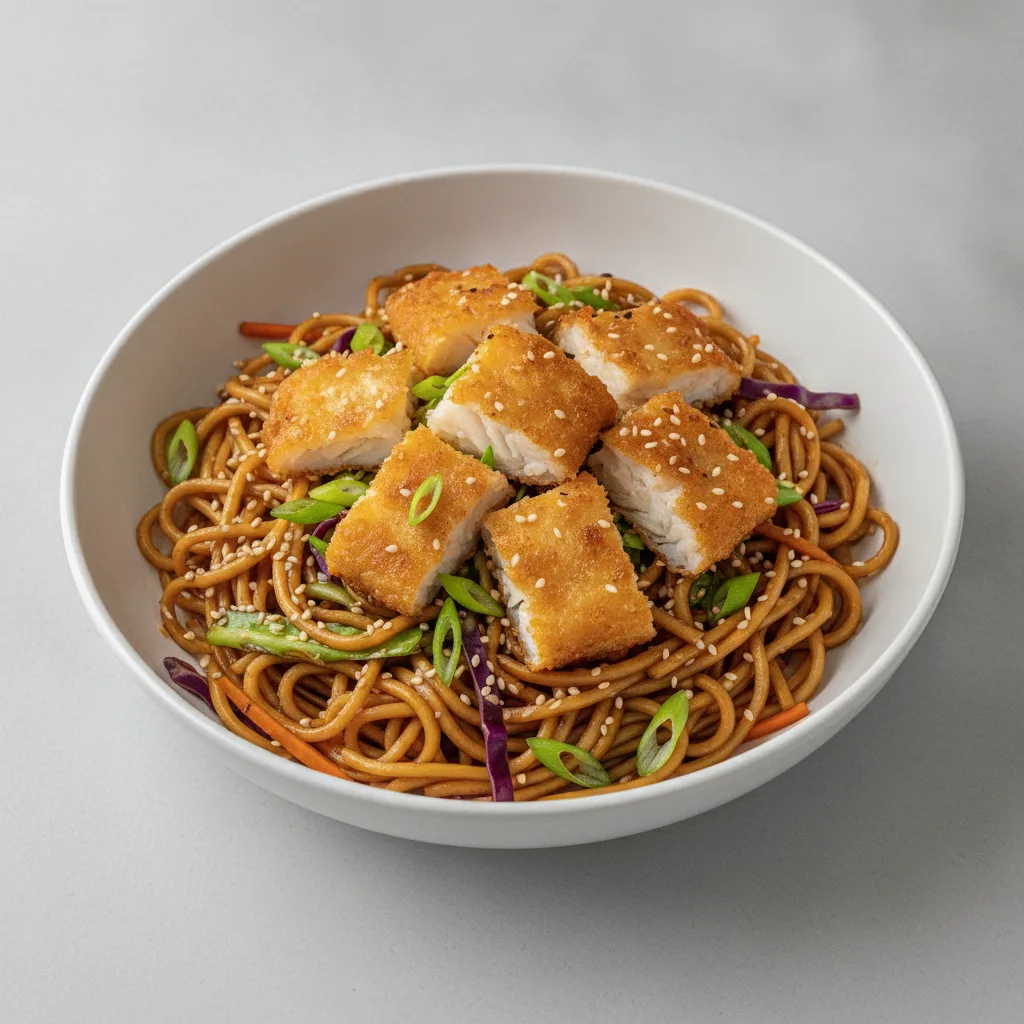Teriyaki Noodles with Crispy Fish Teriyaki Noodles with Crispy Fish