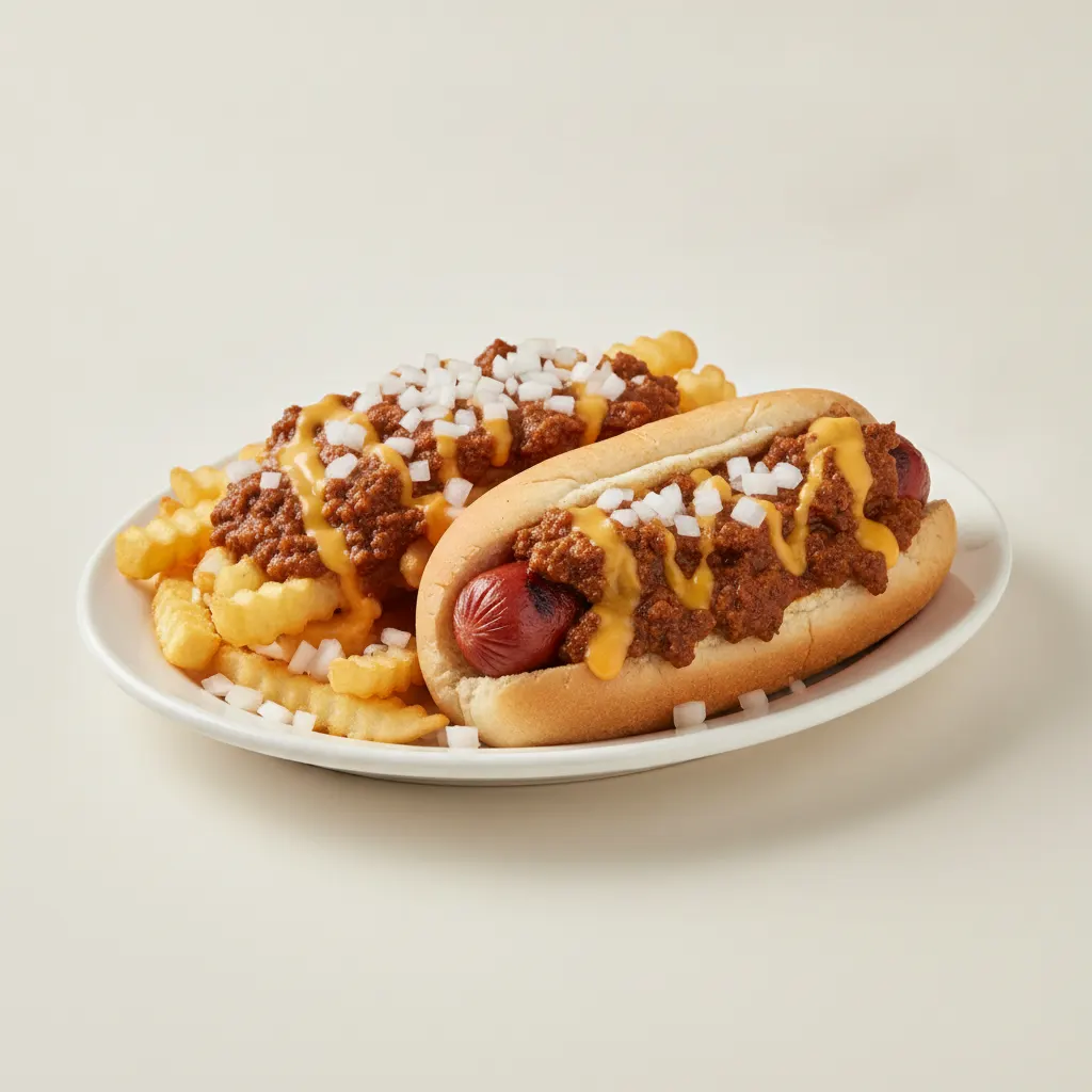 Classic American Dog + Chili Cheese Fries with Raw Onions