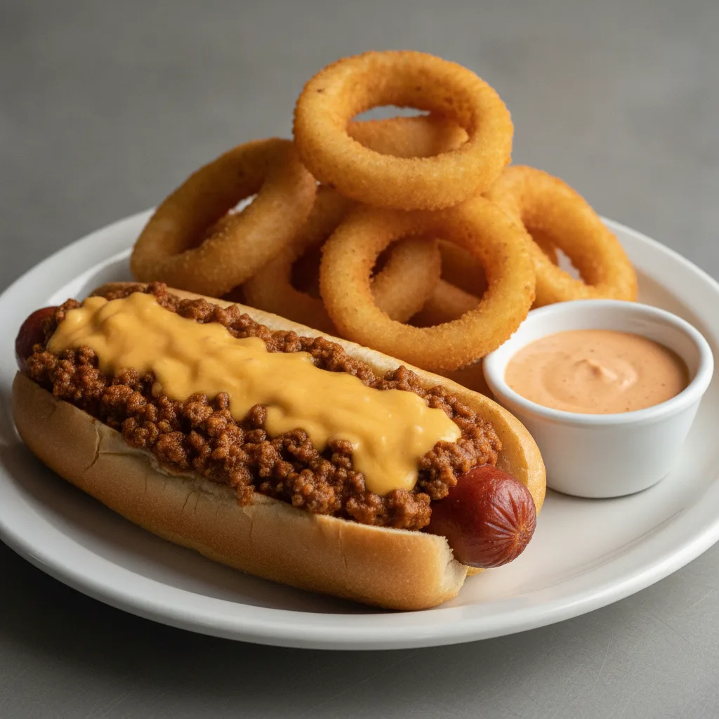 Chili Cheese Dog - Cheese Wiz + Onion Rings